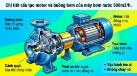 Chi tiết cấu tạo motor và buồng bơm của máy bơm nước 500m3/h.