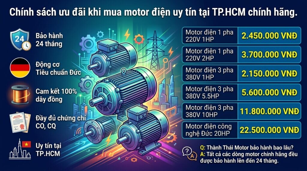 Chính sách ưu đãi khi mua motor điện uy tín tại TP.HCM chính hãng.