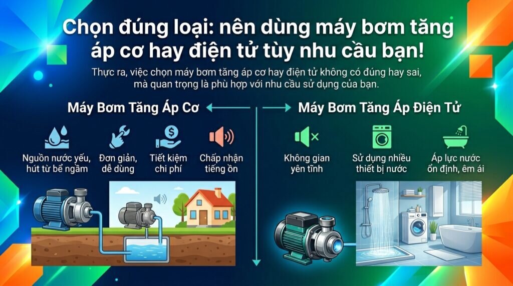 Chọn đúng loại: nên dùng máy bơm tăng áp cơ hay điện tử tùy nhu cầu bạn!