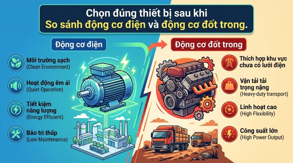 Chọn đúng thiết bị sau khi So sánh động cơ điện và động cơ đốt trong.
