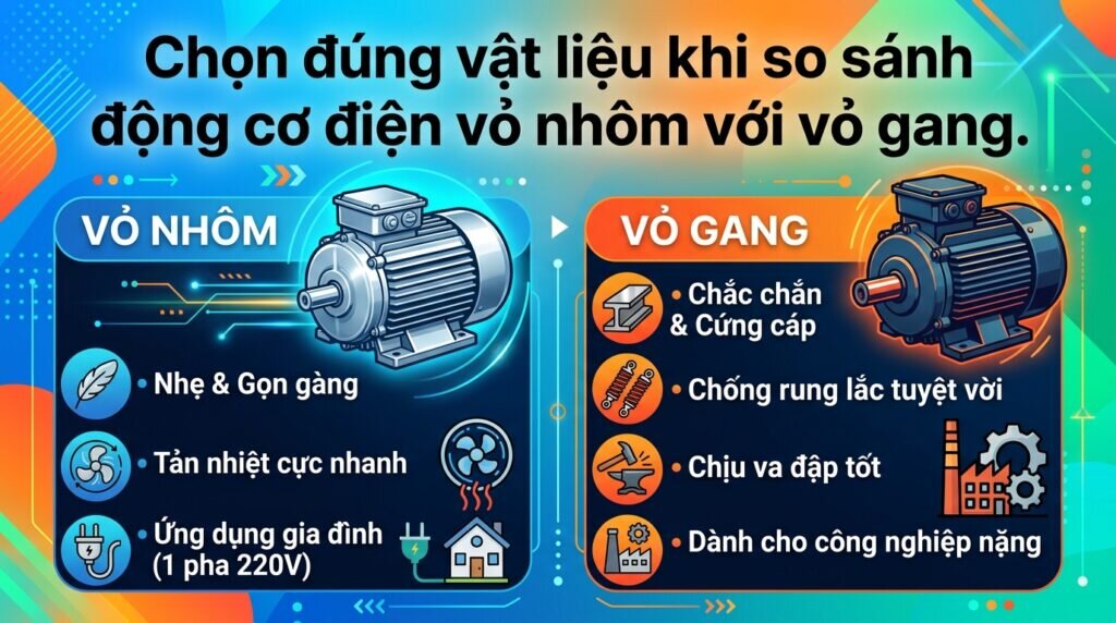 Chọn đúng vật liệu khi so sánh động cơ điện vỏ nhôm với vỏ gang.