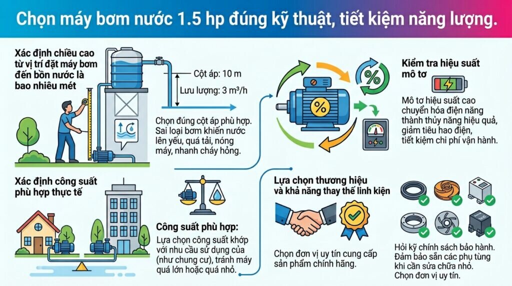 Chọn máy bơm nước 1.5 hp đúng kỹ thuật, tiết kiệm năng lượng.
