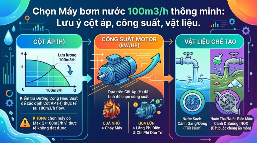 Chọn Máy bơm nước 100m3/h thông minh: Lưu ý cột áp, công suất, vật liệu.
