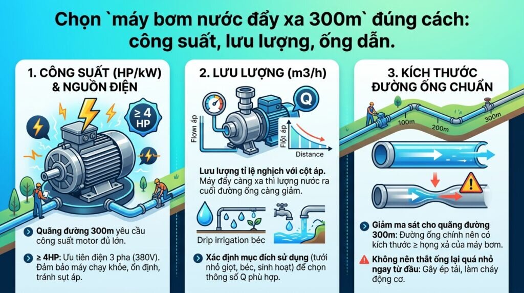 Chọn `máy bơm nước đẩy xa 300m` đúng cách: công suất, lưu lượng, ống dẫn.