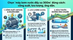 Chọn `máy bơm nước đẩy xa 300m` đúng cách: công suất, lưu lượng, ống dẫn.