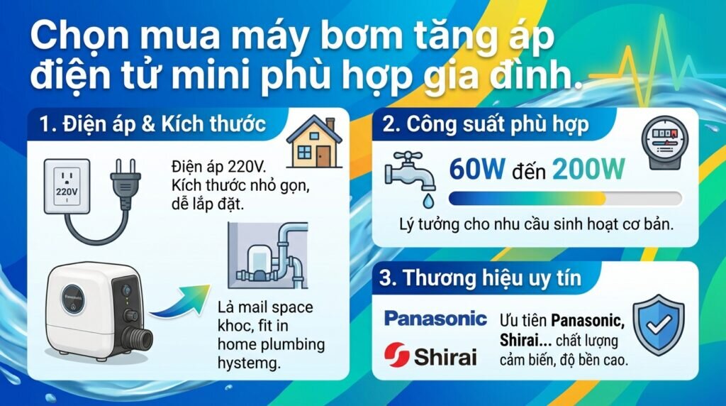 Chọn mua máy bơm tăng áp điện tử mini phù hợp gia đình.