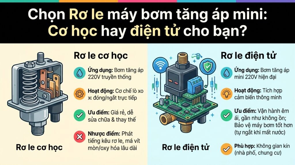Chọn Rơ le máy bơm tăng áp mini: Cơ học hay điện tử cho bạn?