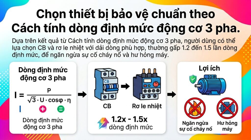 Chọn thiết bị bảo vệ chuẩn theo Cách tính dòng định mức động cơ 3 pha.