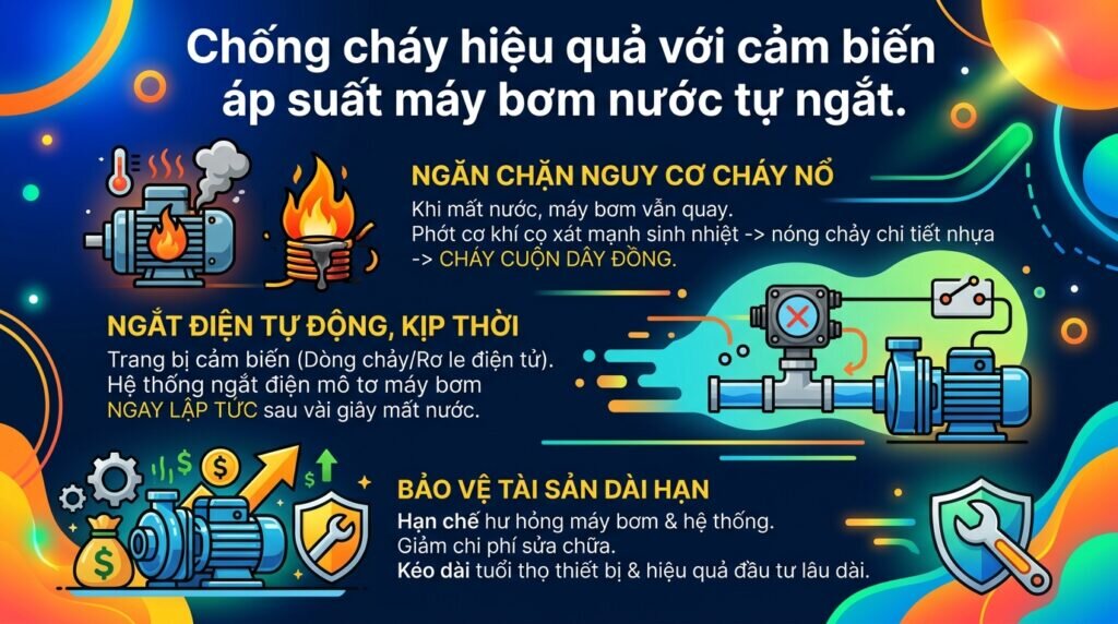 Chống cháy hiệu quả với cảm biến áp suất máy bơm nước tự ngắt.