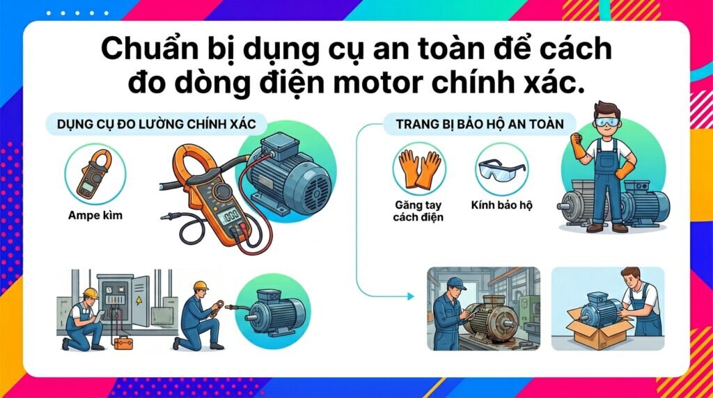 Chuẩn bị dụng cụ an toàn để cách đo dòng điện motor chính xác.