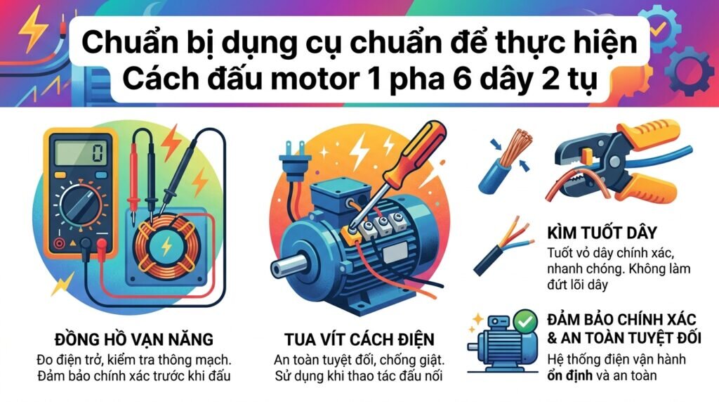 Chuẩn bị dụng cụ chuẩn để thực hiện Cách đấu motor 1 pha 6 dây 2 tụ