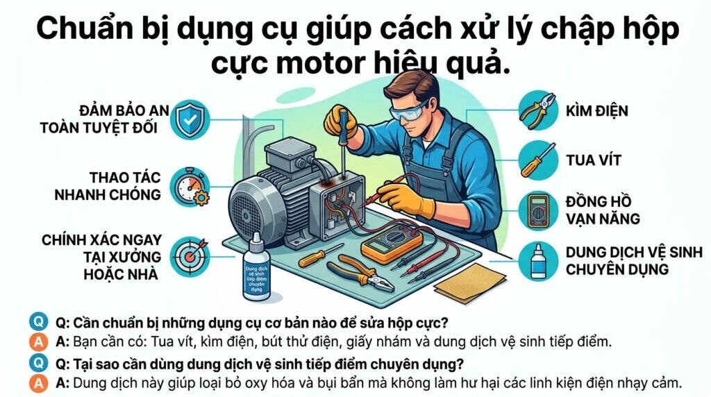 Chuẩn bị dụng cụ giúp cách xử lý chập hộp cực motor hiệu quả.