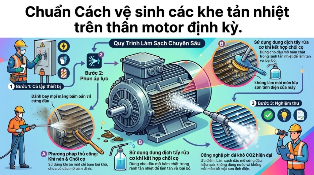 Chuẩn Cách vệ sinh các khe tản nhiệt trên thân motor định kỳ.