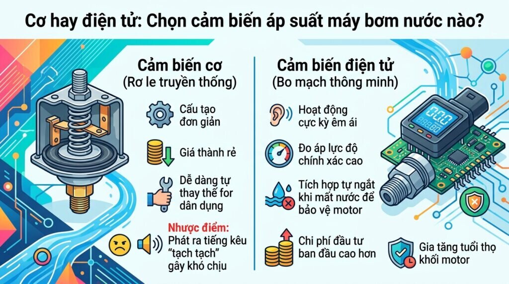 Cơ hay điện tử: Chọn cảm biến áp suất máy bơm nước nào?