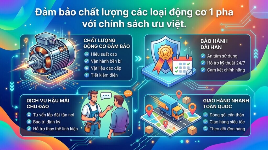 Đảm bảo chất lượng các loại động cơ 1 pha với chính sách ưu việt.