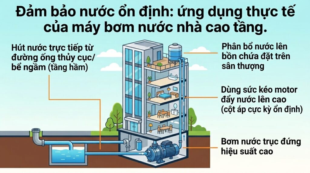 Đảm bảo nước ổn định: ứng dụng thực tế của máy bơm nước nhà cao tầng.