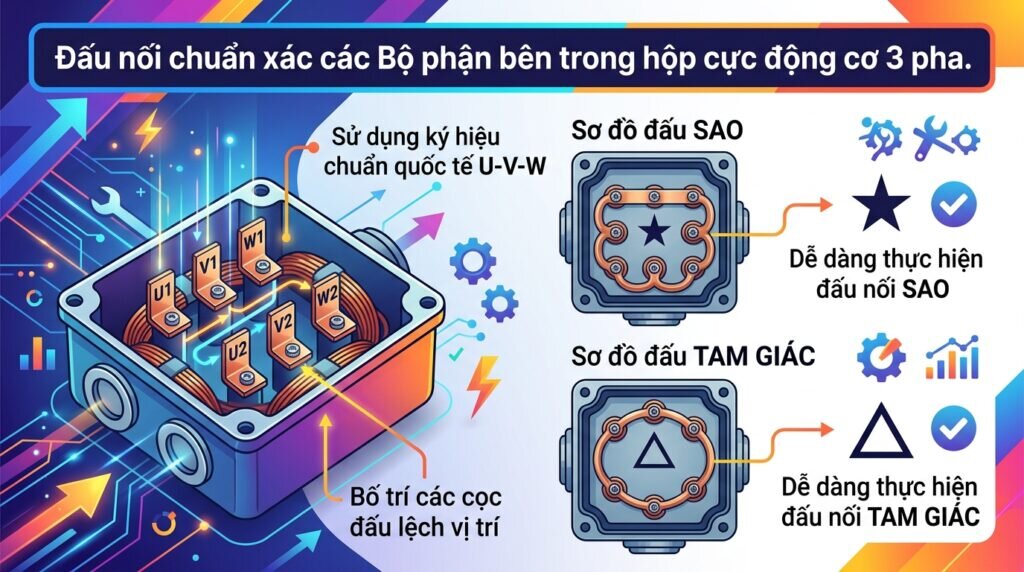 Đấu nối chuẩn xác các Bộ phận bên trong hộp cực động cơ 3 pha.