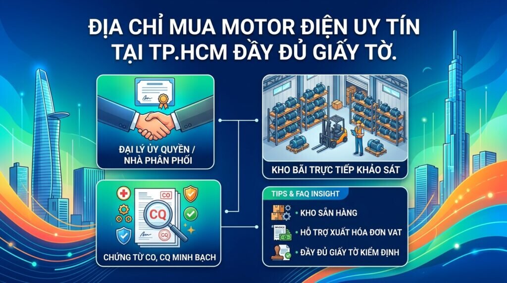 Địa chỉ mua motor điện uy tín tại TP.HCM đầy đủ giấy tờ.