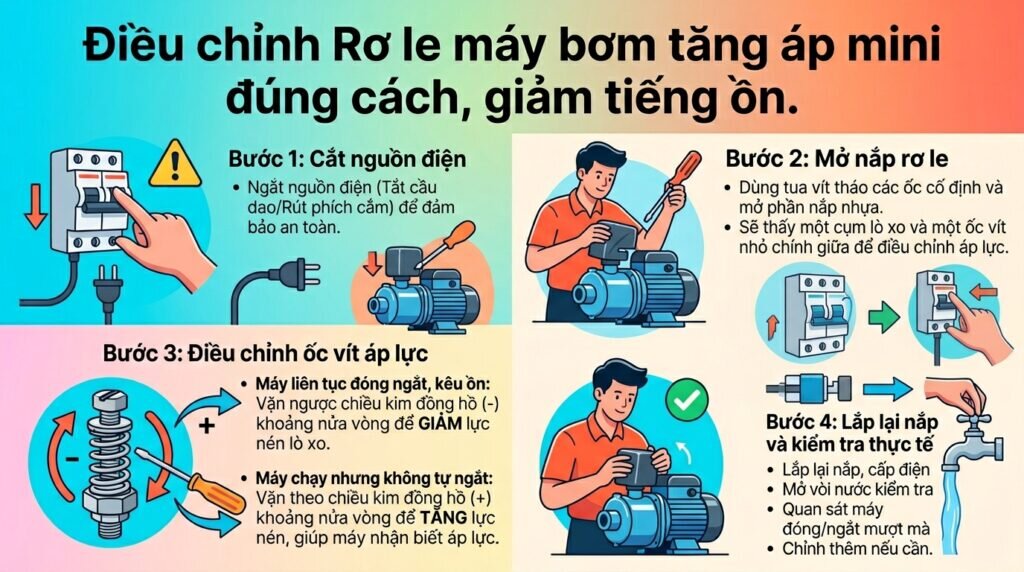 Điều chỉnh Rơ le máy bơm tăng áp mini đúng cách, giảm tiếng ồn.