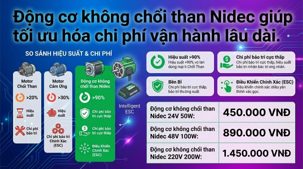 Động cơ không chổi than nidec giúp tối ưu hóa chi phí vận hành lâu dài.