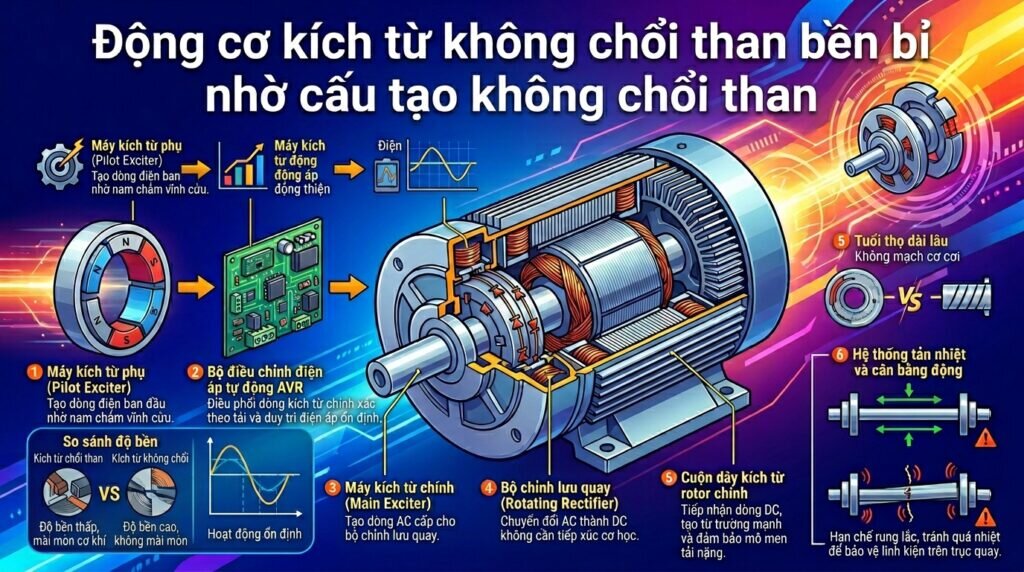 Động cơ kích từ không chổi than bền bỉ nhờ cấu tạo không chổi than.