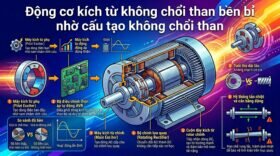 Động cơ kích từ không chổi than bền bỉ nhờ cấu tạo không chổi than.