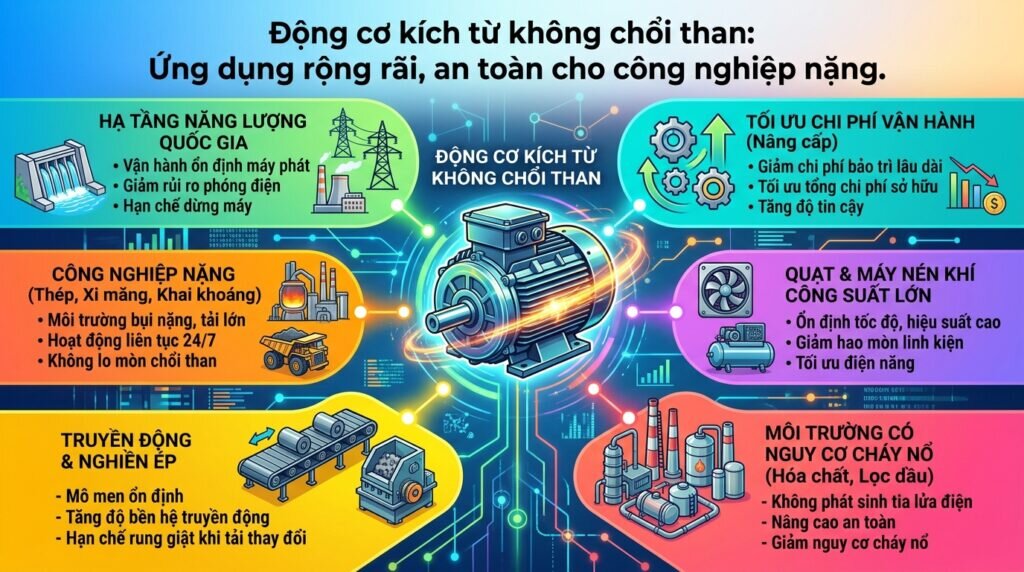 Động cơ kích từ không chổi than: Ứng dụng rộng rãi, an toàn cho công nghiệp nặng.