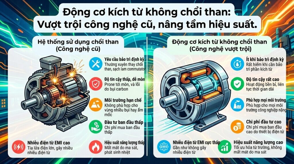 Động cơ kích từ không chổi than: Vượt trội công nghệ cũ, nâng tầm hiệu suất.