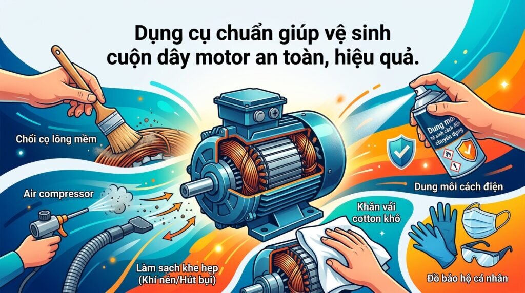 Dụng cụ chuẩn giúp vệ sinh cuộn dây motor an toàn, hiệu quả.