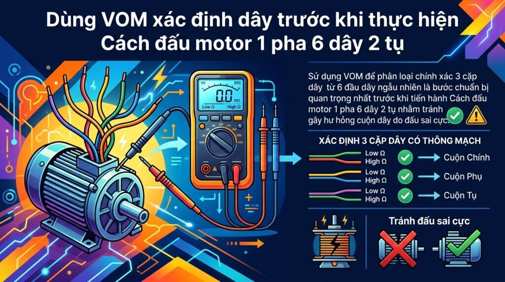 Dùng VOM xác định dây trước khi thực hiện Cách đấu motor 1 pha 6 dây 2 tụ