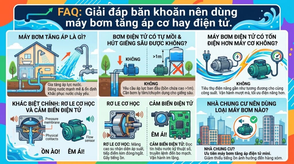 FAQ: Giải đáp băn khoăn nên dùng máy bơm tăng áp cơ hay điện tử.