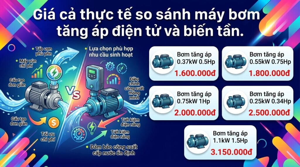 Giá cả thực tế so sánh máy bơm tăng áp điện tử và biến tần.