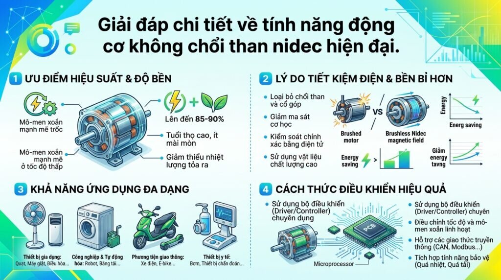 Giải đáp chi tiết về tính năng động cơ không chổi than nidec hiện đại.