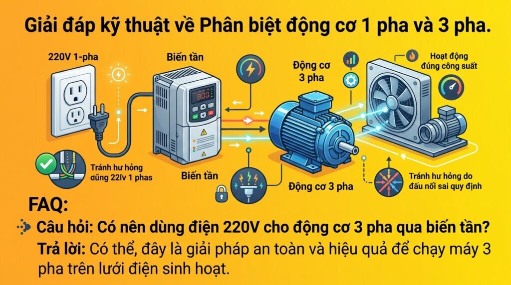 Giải đáp kỹ thuật về Phân biệt động cơ 1 pha và 3 pha.