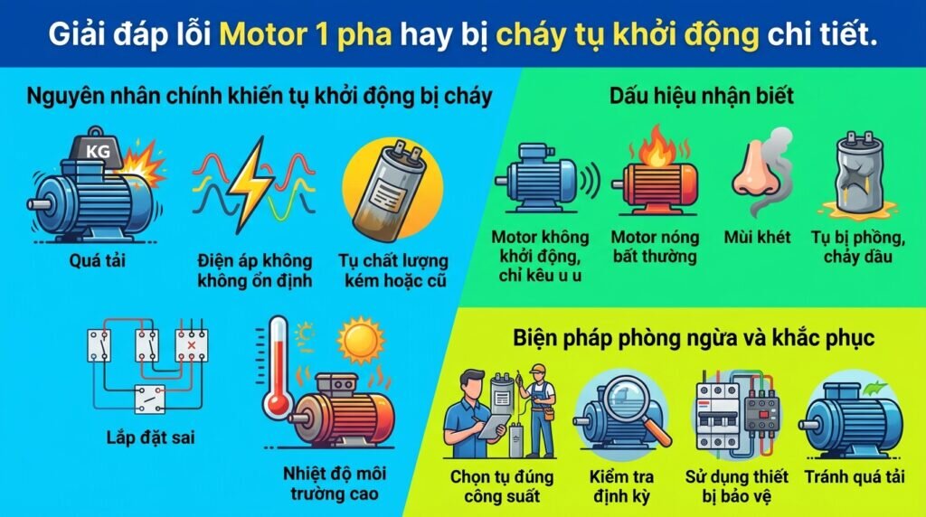 Giải đáp lỗi Motor 1 pha hay bị cháy tụ khởi động chi tiết.