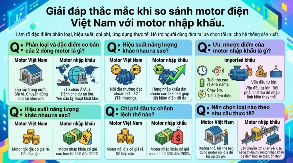 Giải đáp thắc mắc khi so sánh motor điện Việt Nam với motor nhập khẩu.
