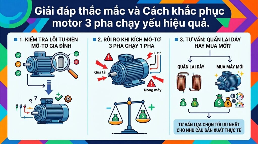 Giải đáp thắc mắc và Cách khắc phục motor 3 pha chạy yếu hiệu quả.