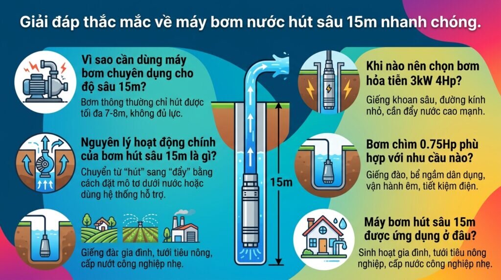 Giải đáp thắc mắc về máy bơm nước hút sâu 15m nhanh chóng.