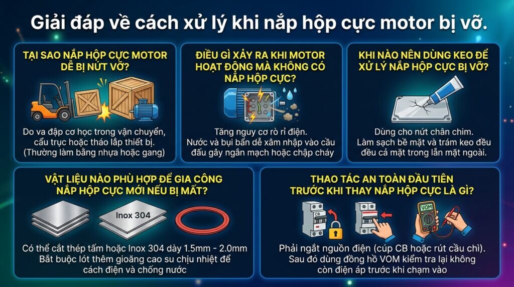 Giải đáp về cách xử lý khi nắp hộp cực motor bị vỡ.
