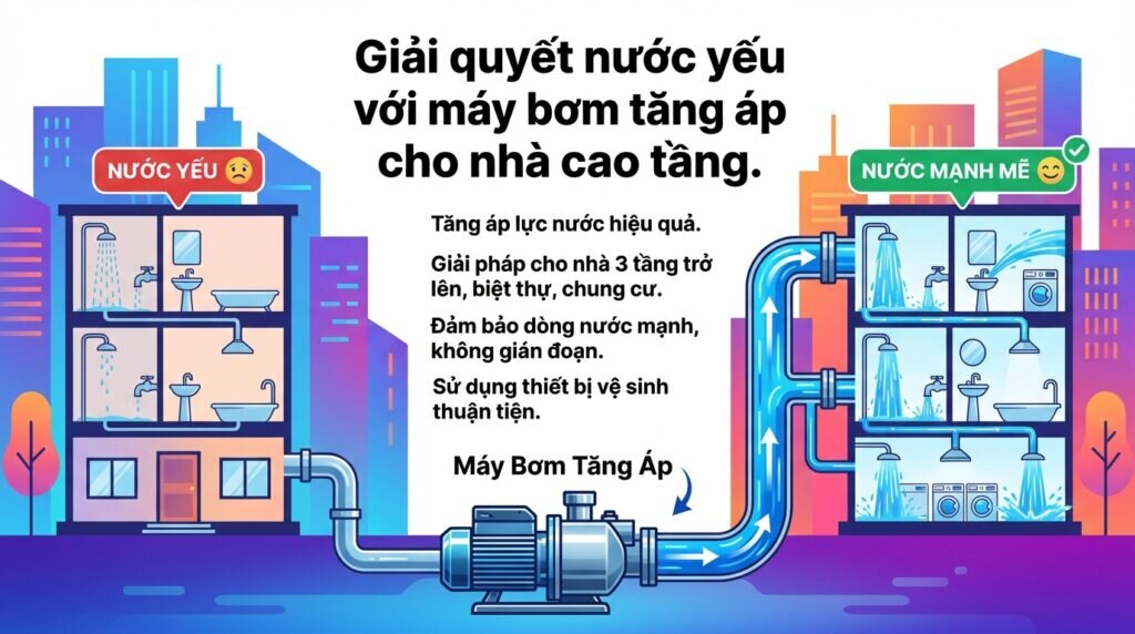 Giải quyết nước yếu với máy bơm tăng áp cho nhà cao tầng.