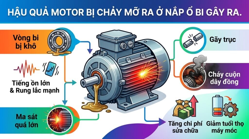Hậu quả motor bị chảy mỡ ra ở nắp ổ bi gây ra.