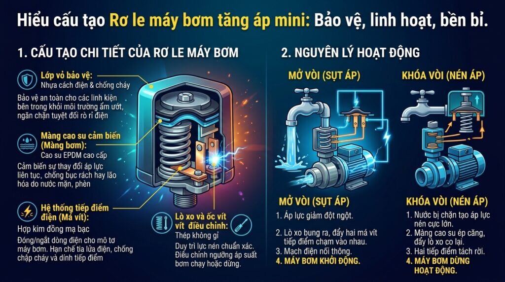 Hiểu cấu tạo Rơ le máy bơm tăng áp mini: Bảo vệ, linh hoạt, bền bỉ.