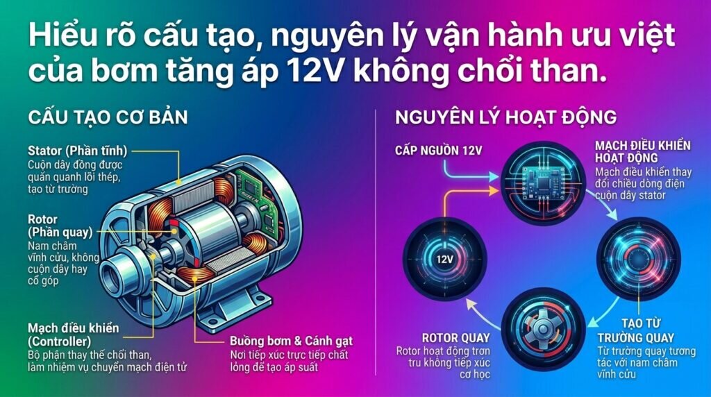 Hiểu rõ cấu tạo, nguyên lý vận hành ưu việt của bơm tăng áp 12V không chổi than.