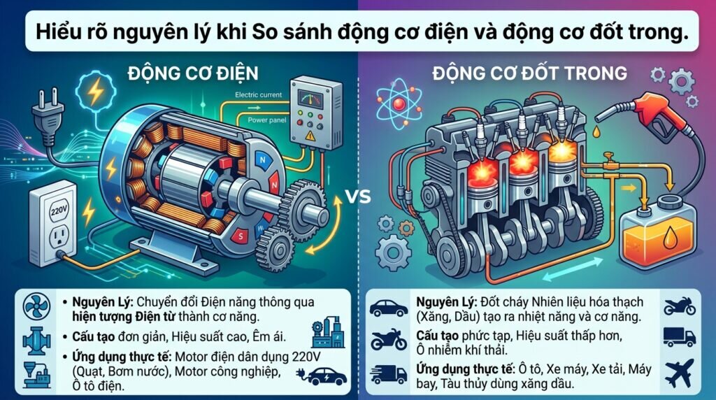 Hiểu rõ nguyên lý khi So sánh động cơ điện và động cơ đốt trong.