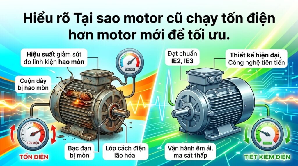 Hiểu rõ Tại sao motor cũ chạy tốn điện hơn motor mới để tối ưu.