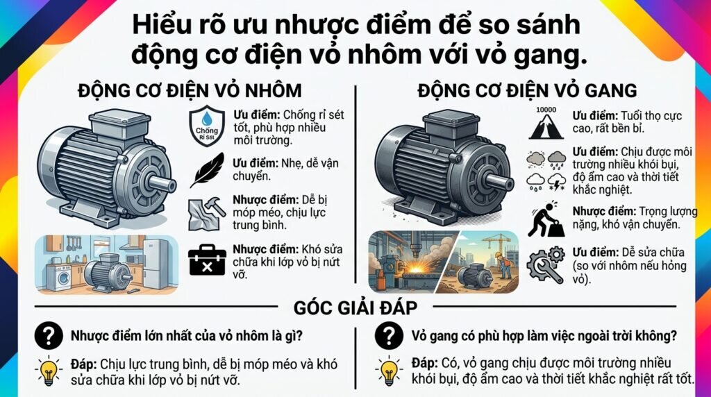 Hiểu rõ ưu nhược điểm để so sánh động cơ điện vỏ nhôm với vỏ gang.
