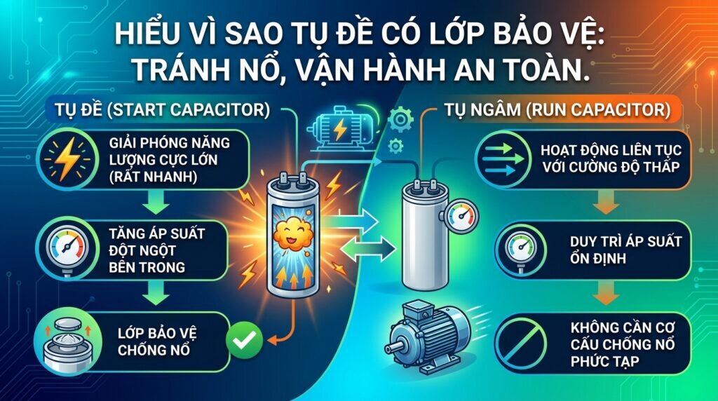 Hiểu Vì sao tụ đề có lớp bảo vệ: tránh nổ, vận hành an toàn.
