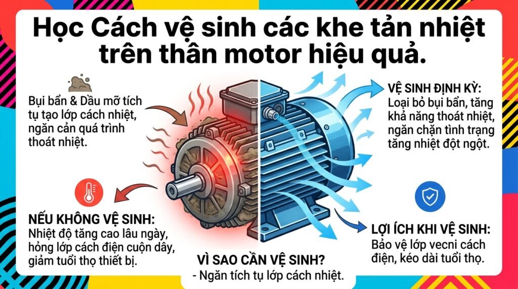 Học Cách vệ sinh các khe tản nhiệt trên thân motor hiệu quả.