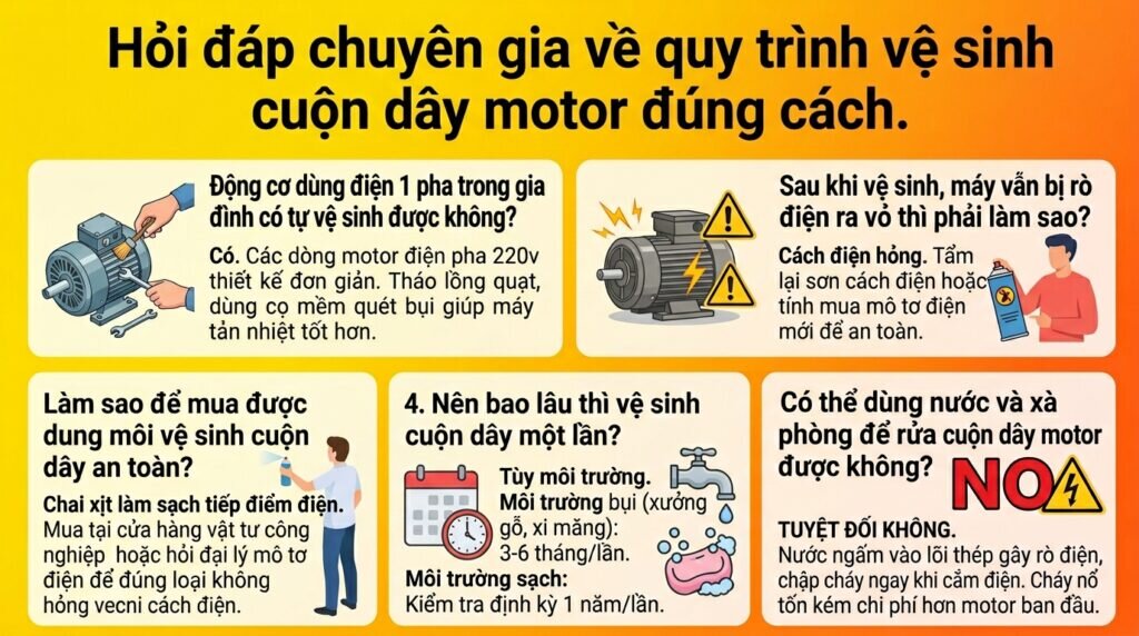 Hỏi đáp chuyên gia về quy trình vệ sinh cuộn dây motor đúng cách.