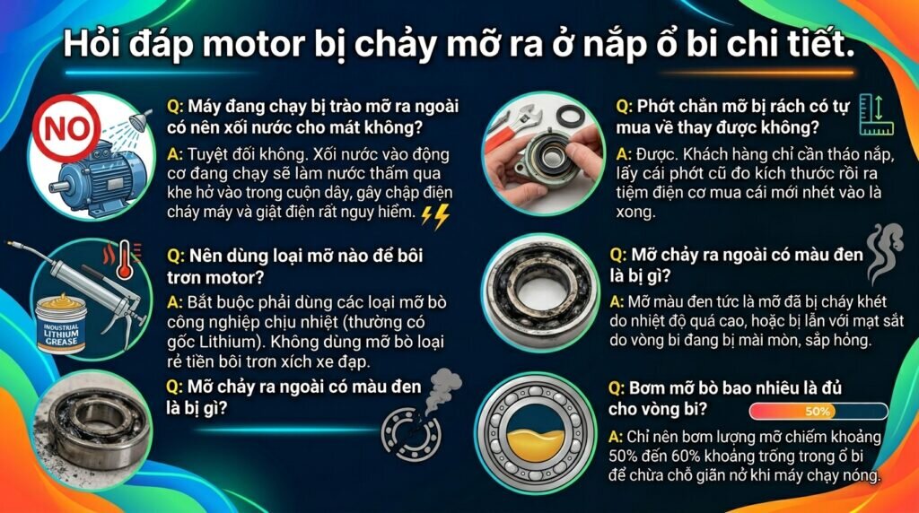 Hỏi đáp motor bị chảy mỡ ra ở nắp ổ bi chi tiết.